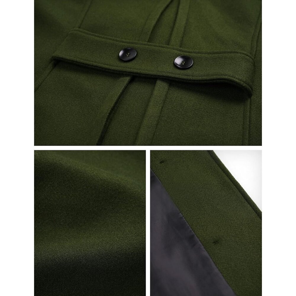 Women's Army Green Winter Warm Double Breasted Wool Trench Coat Jacket With Hood - Picture 5 of 5